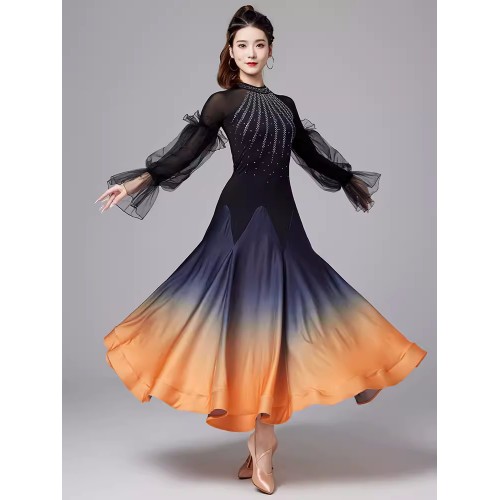 Blue white orange gradient competition ballroom dance dresses for women girls waltz tango foxtrot smooth dance dress practice long gown
